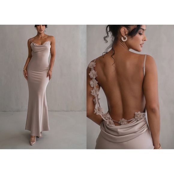 JLUXLABEL Dresses & Skirts - JLUXLABEL Down The Aisle Satin Maxi Dress Taupe Cowl Neck Floral Open Back Small